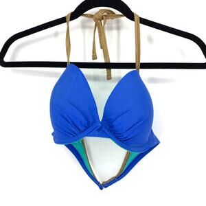 Aerie Womens Size 34D Blakely Halter Bikini Top Blue Gold
